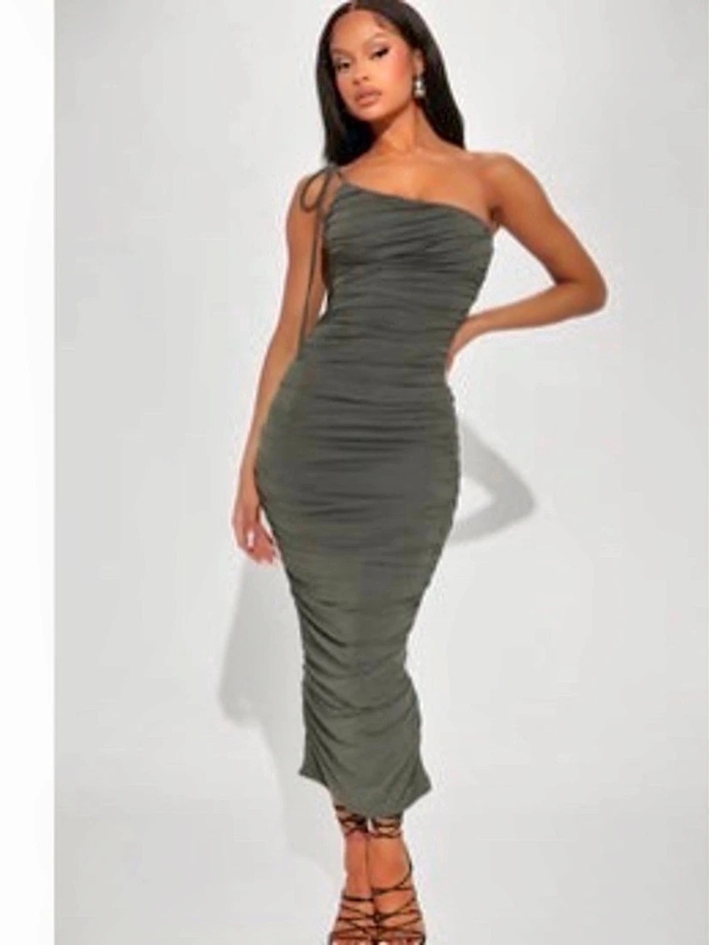 Fashion nova Mable ruched one-shoulder midi dress Olive Green Size Small